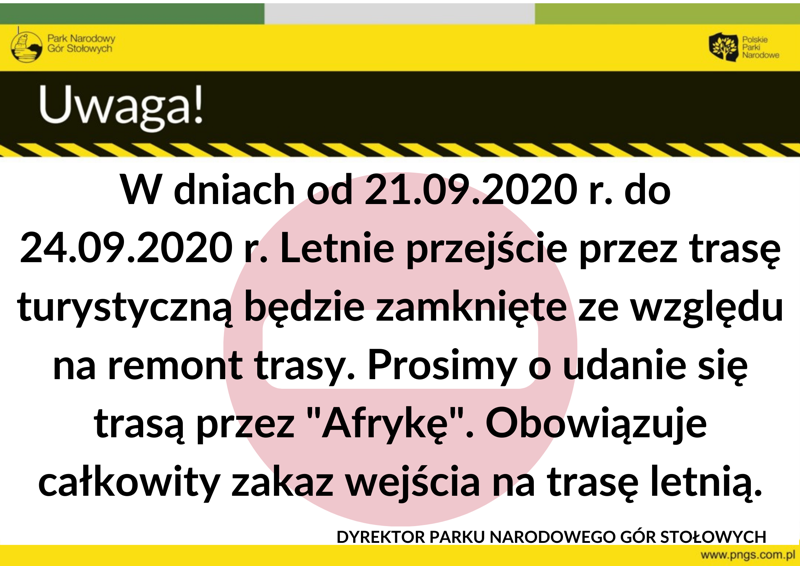 komunika o zamknieciu części trrasy na Szczelińcu